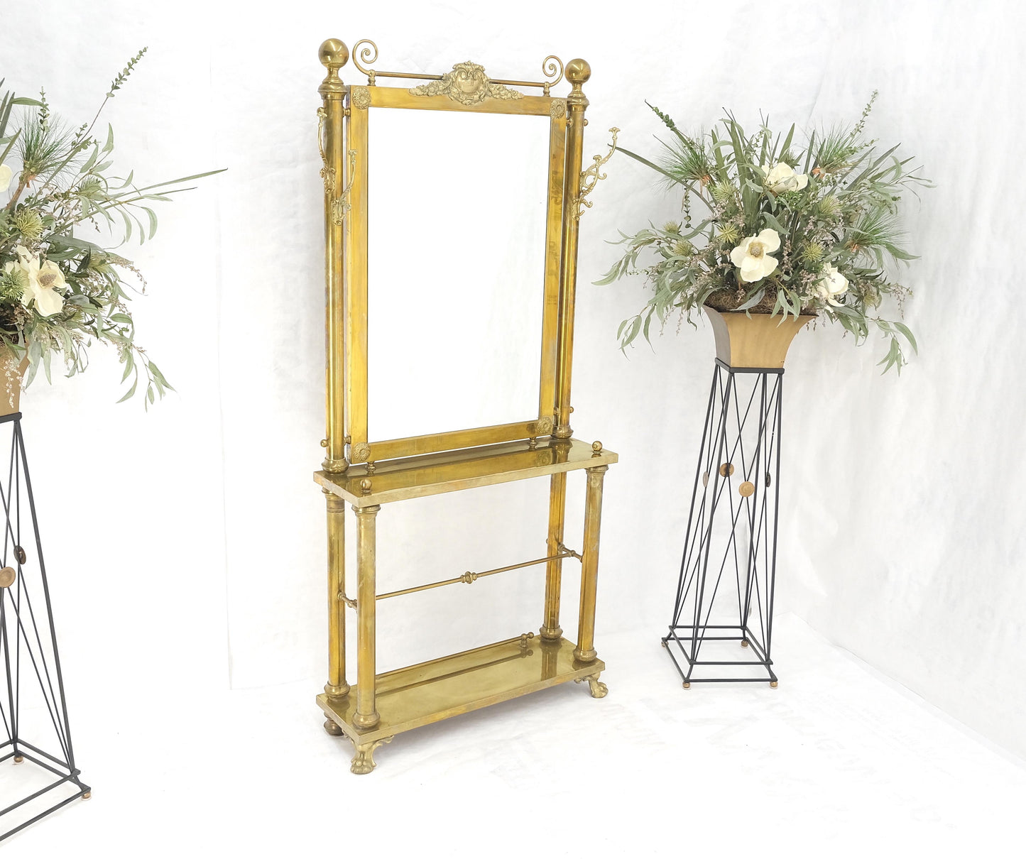 EstablishedLines Solid Brass Entryway Hall Tree Mirror Coat Rack Console Table Claw Feet