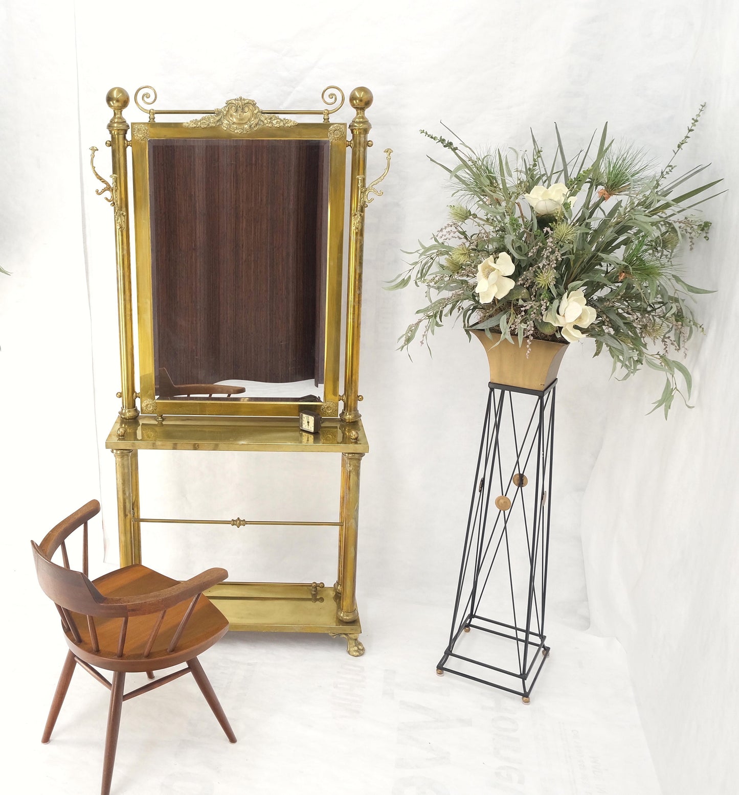 EstablishedLines Solid Brass Entryway Hall Tree Mirror Coat Rack Console Table Claw Feet