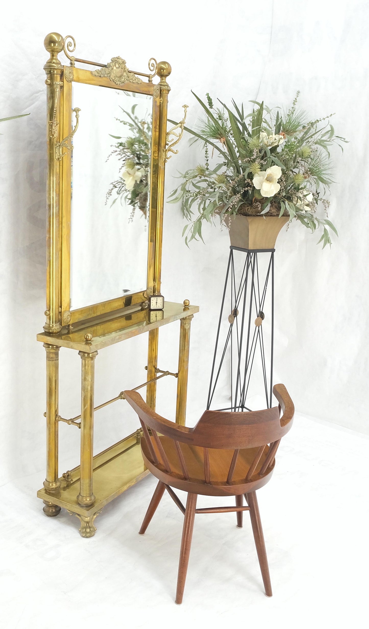 EstablishedLines Solid Brass Entryway Hall Tree Mirror Coat Rack Console Table Claw Feet
