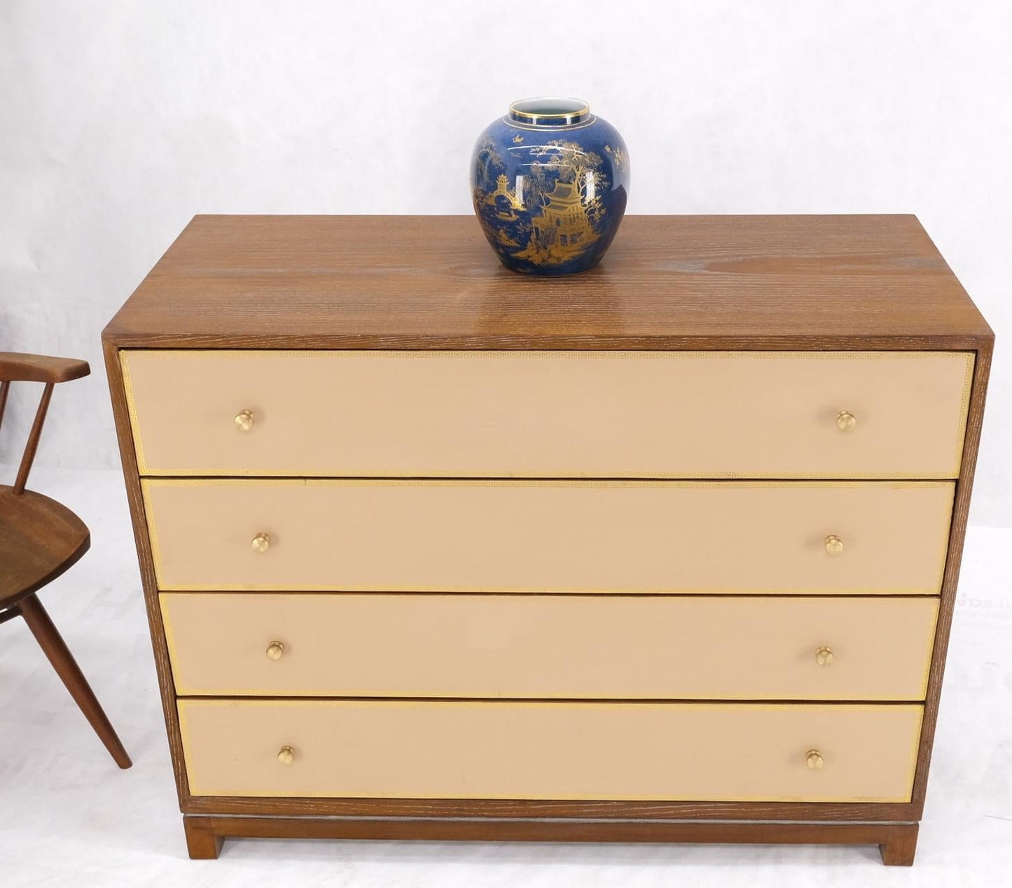 EstablishedLines Cerused Medium Brown Embossed Leather Fronts 4 Drawers Dresser Bachelor Chest