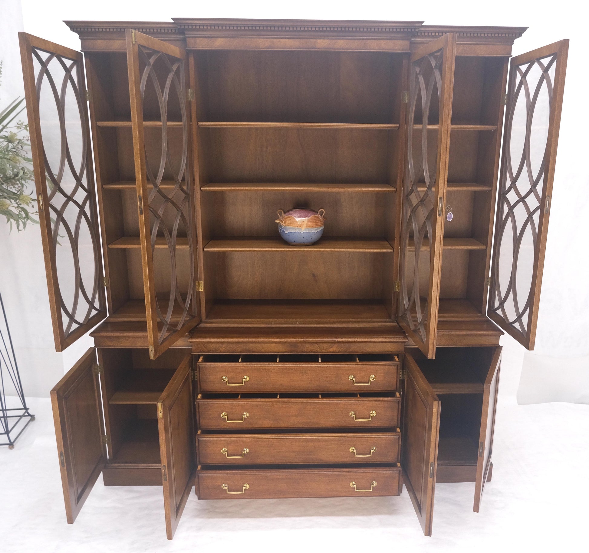 EstablishedLines Large Wide Mahogany Individual Bubble Glass Panes Doors Breakfront China Cabinet