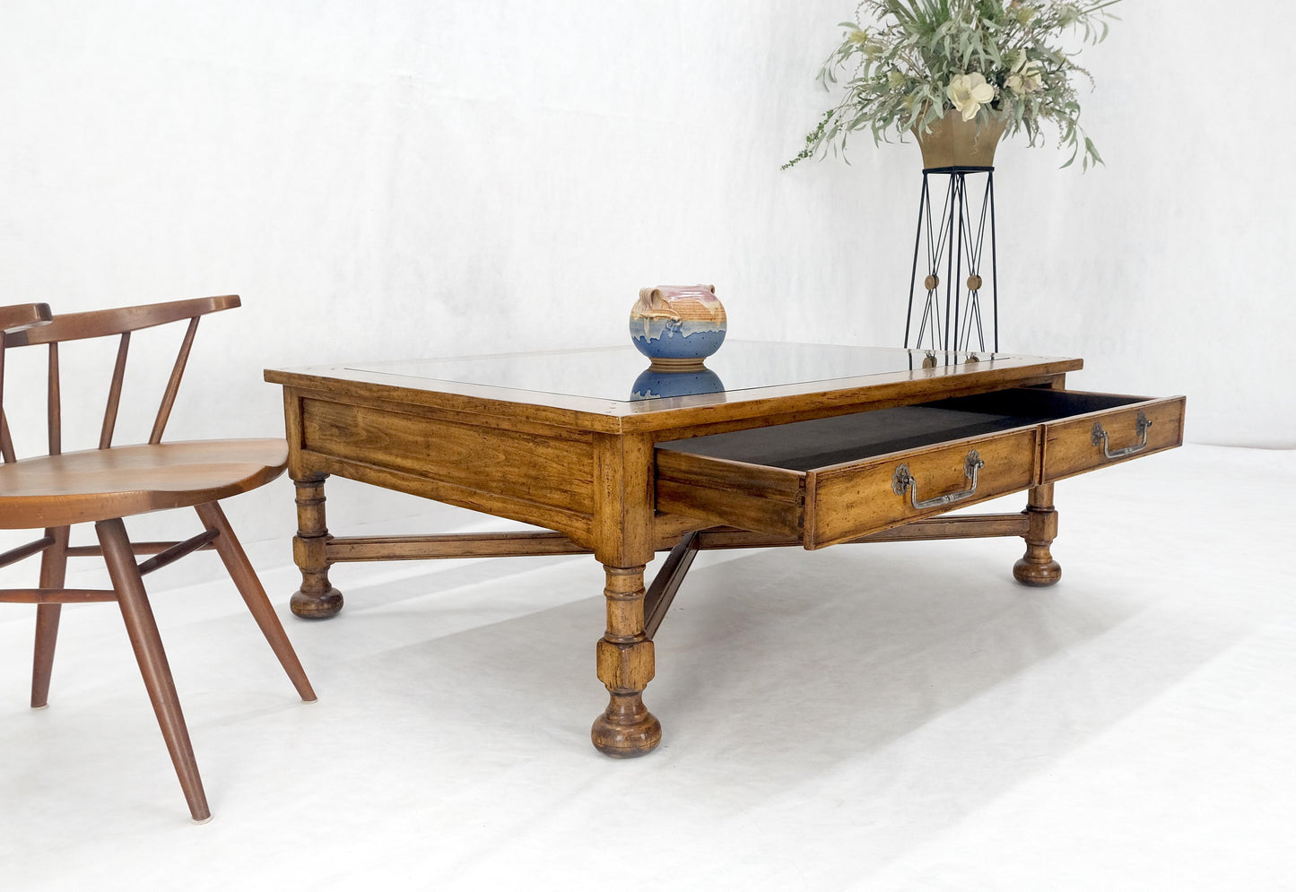 EstablishedLines Large Spanish Colonial Style Showcase Glass Top Coffee Table on X Base MINT!