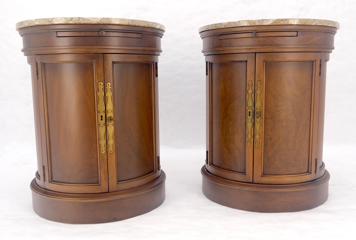 EstablishedLines Pair of Round Cylinder Shape Two Doors End Lamp Tables Stands Pull Out Trays