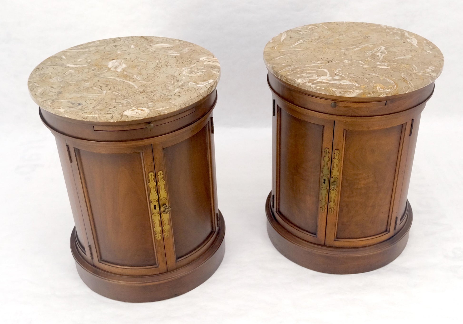 EstablishedLines Pair of Round Cylinder Shape Two Doors End Lamp Tables Stands Pull Out Trays