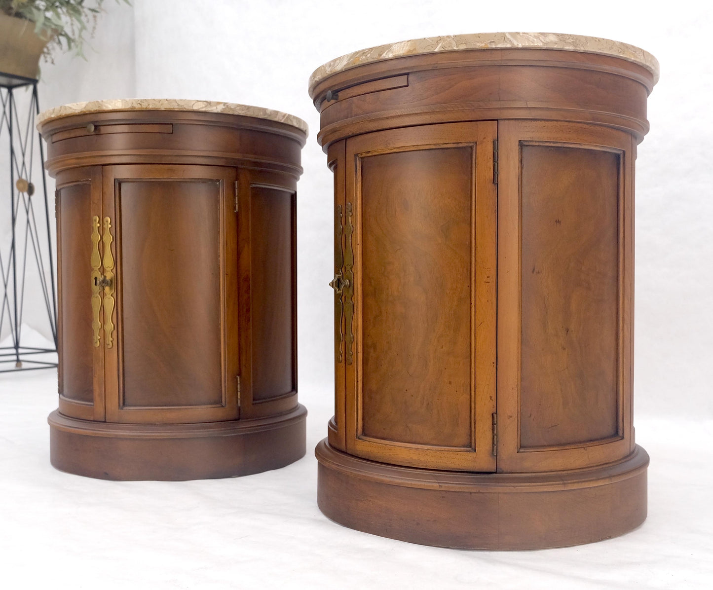 EstablishedLines Pair of Round Cylinder Shape Two Doors End Lamp Tables Stands Pull Out Trays