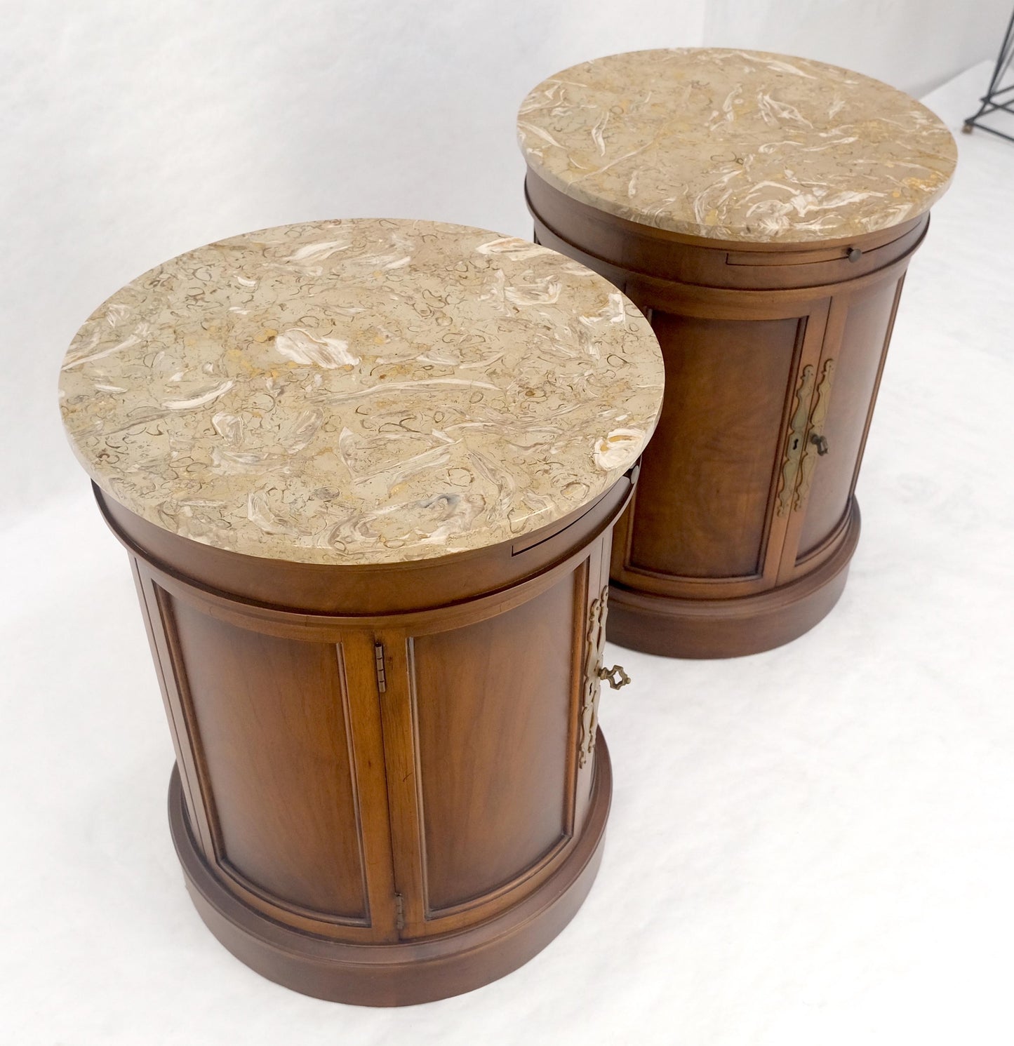 EstablishedLines Pair of Round Cylinder Shape Two Doors End Lamp Tables Stands Pull Out Trays