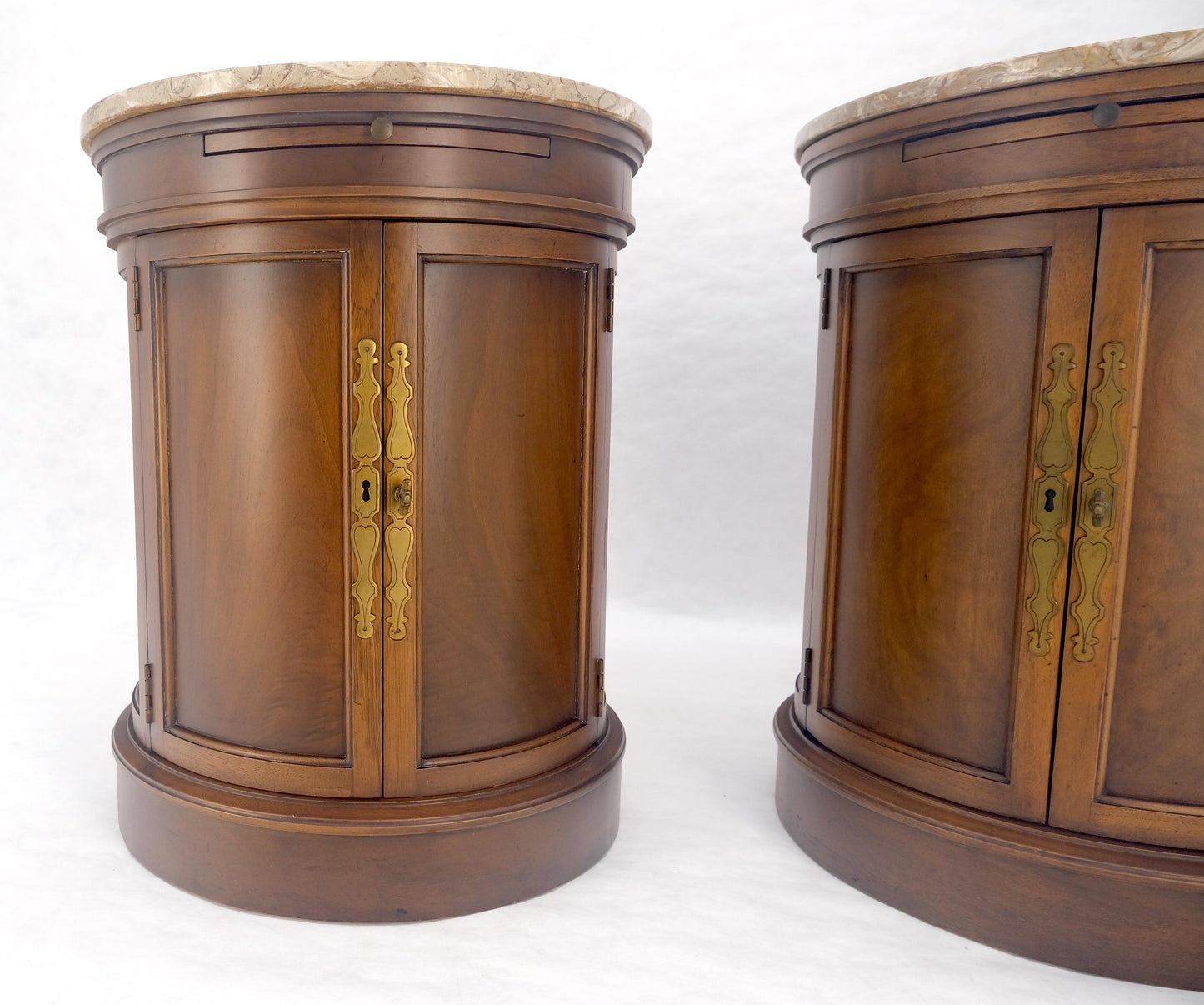 EstablishedLines Pair of Round Cylinder Shape Two Doors End Lamp Tables Stands Pull Out Trays