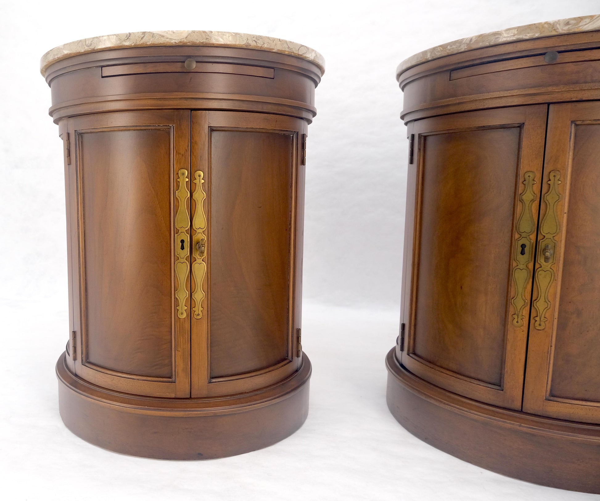 EstablishedLines Pair of Round Cylinder Shape Two Doors End Lamp Tables Stands Pull Out Trays