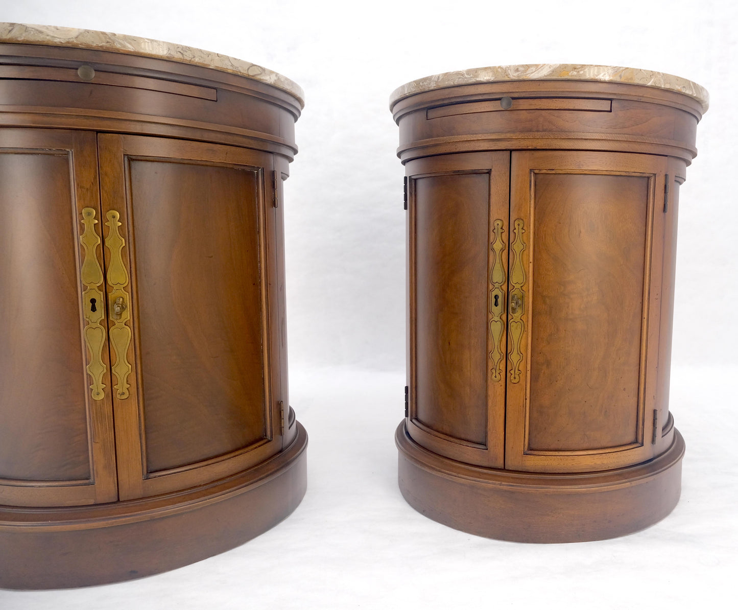 EstablishedLines Pair of Round Cylinder Shape Two Doors End Lamp Tables Stands Pull Out Trays