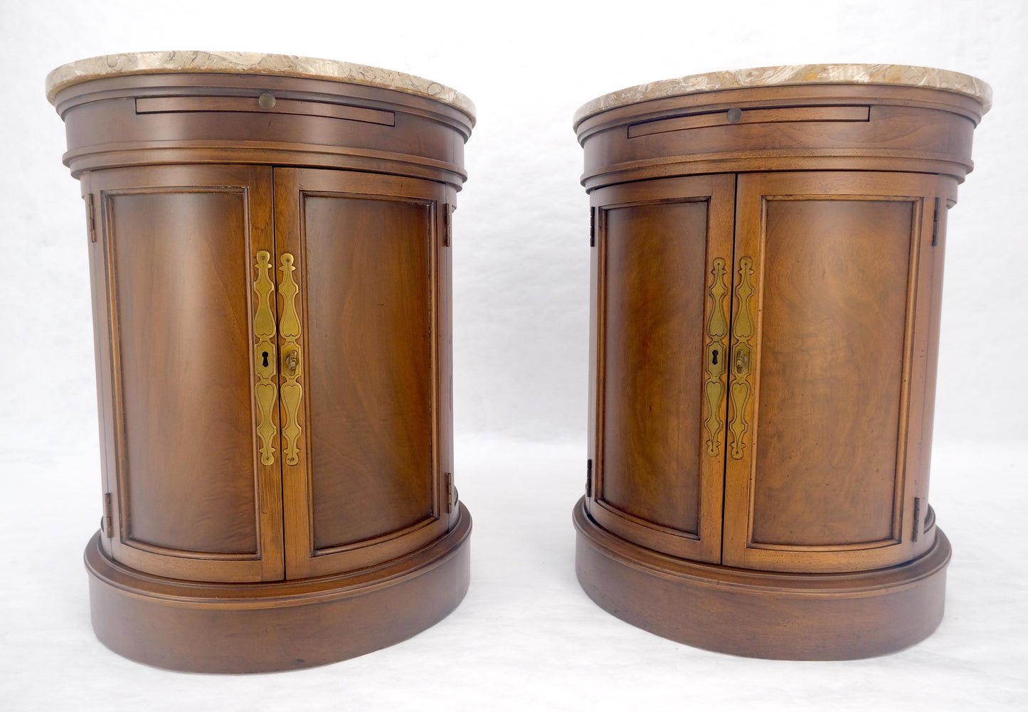 EstablishedLines Pair of Round Cylinder Shape Two Doors End Lamp Tables Stands Pull Out Trays