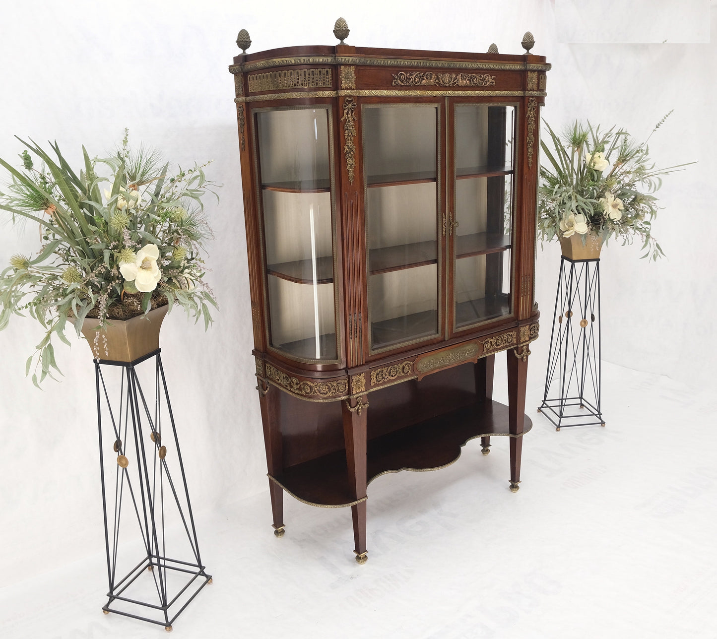 EstablishedLines Late 19th Century Gilt Bronze Mounted Ormolu Vitrine Cubboard Curved Glass