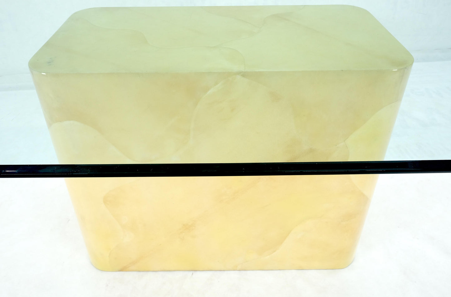 EstablishedLines Parchment Goat Skin Leather Single Base 3/4" Glass Top Rectangle Dining Table
