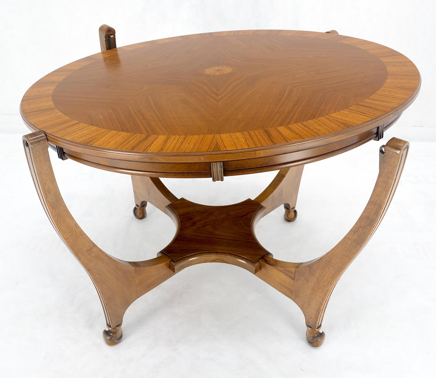 EstablishedLines Round Flip Top Art Nouveau Deco Banded Carved Walnut Game Table MINT!