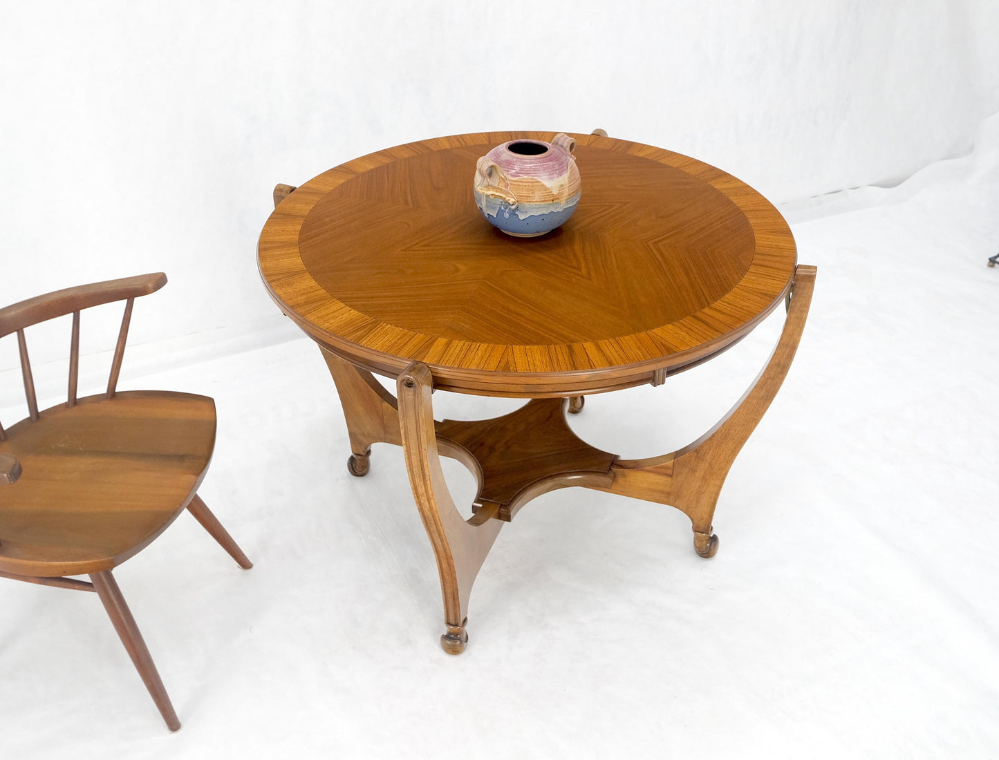 EstablishedLines Round Flip Top Art Nouveau Deco Banded Carved Walnut Game Table MINT!