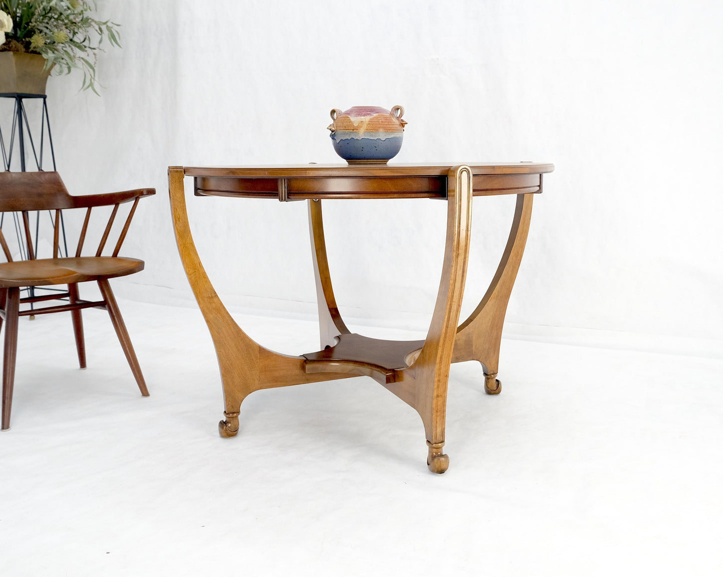 EstablishedLines Round Flip Top Art Nouveau Deco Banded Carved Walnut Game Table MINT!