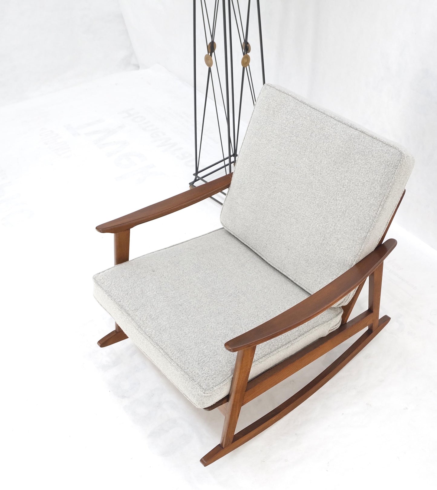 EstablishedLines Danish Mid-Century Modern New Grey Wool Upholstery Rocking Lounge Chair Mint!