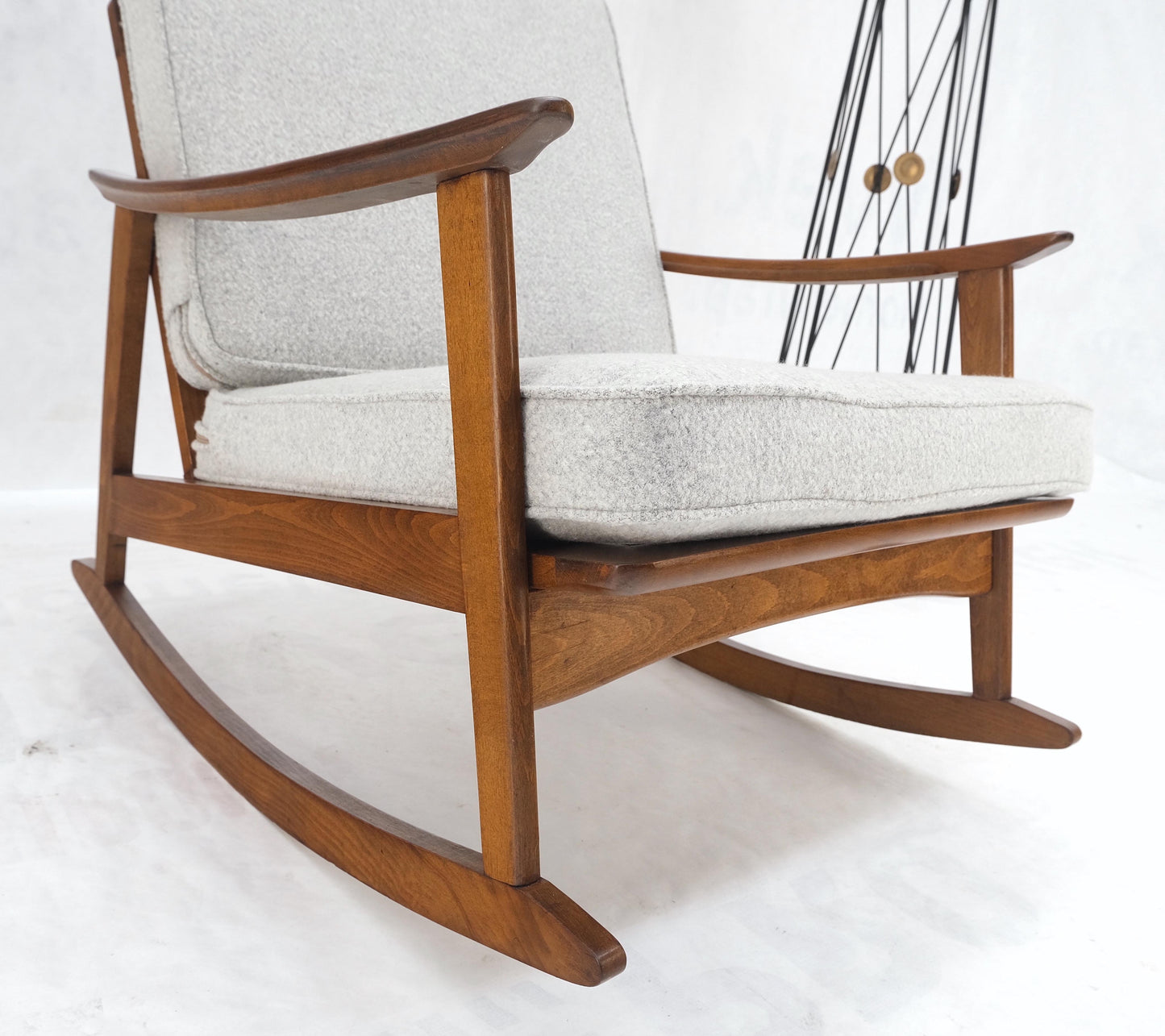 EstablishedLines Danish Mid-Century Modern New Grey Wool Upholstery Rocking Lounge Chair Mint!