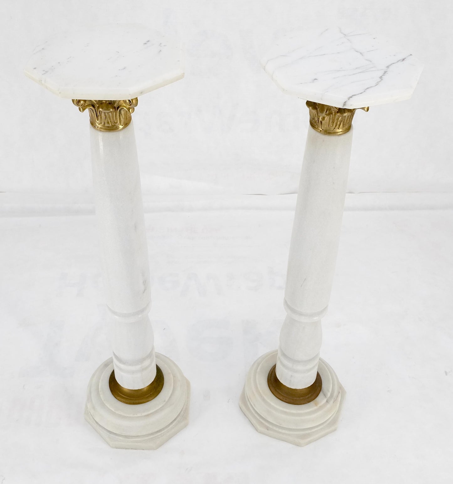 EstablishedLines Pair Brass & Turned White Marble Bases Octagonal Tops Columns Pedestals MINT!