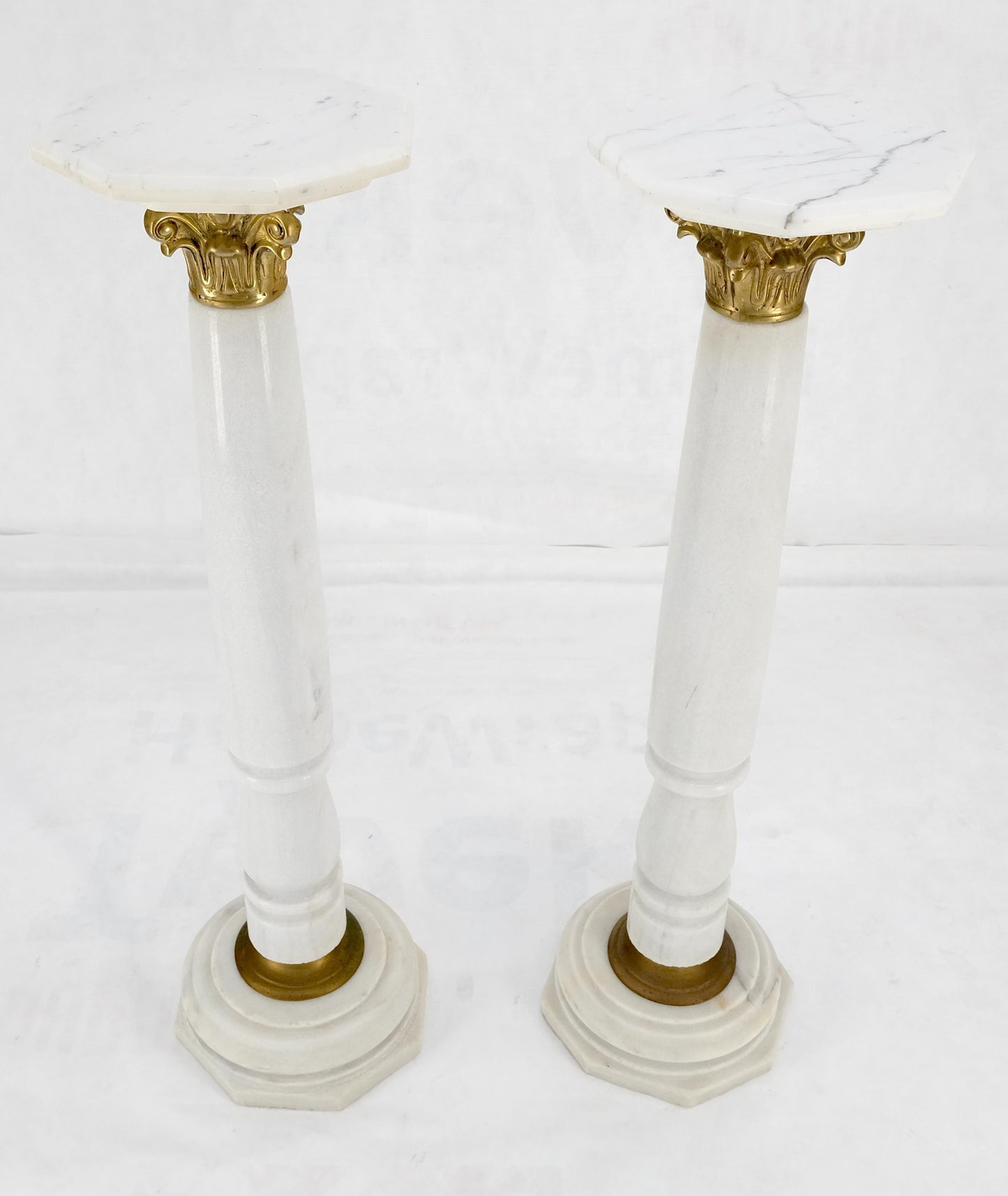 EstablishedLines Pair Brass & Turned White Marble Bases Octagonal Tops Columns Pedestals MINT!