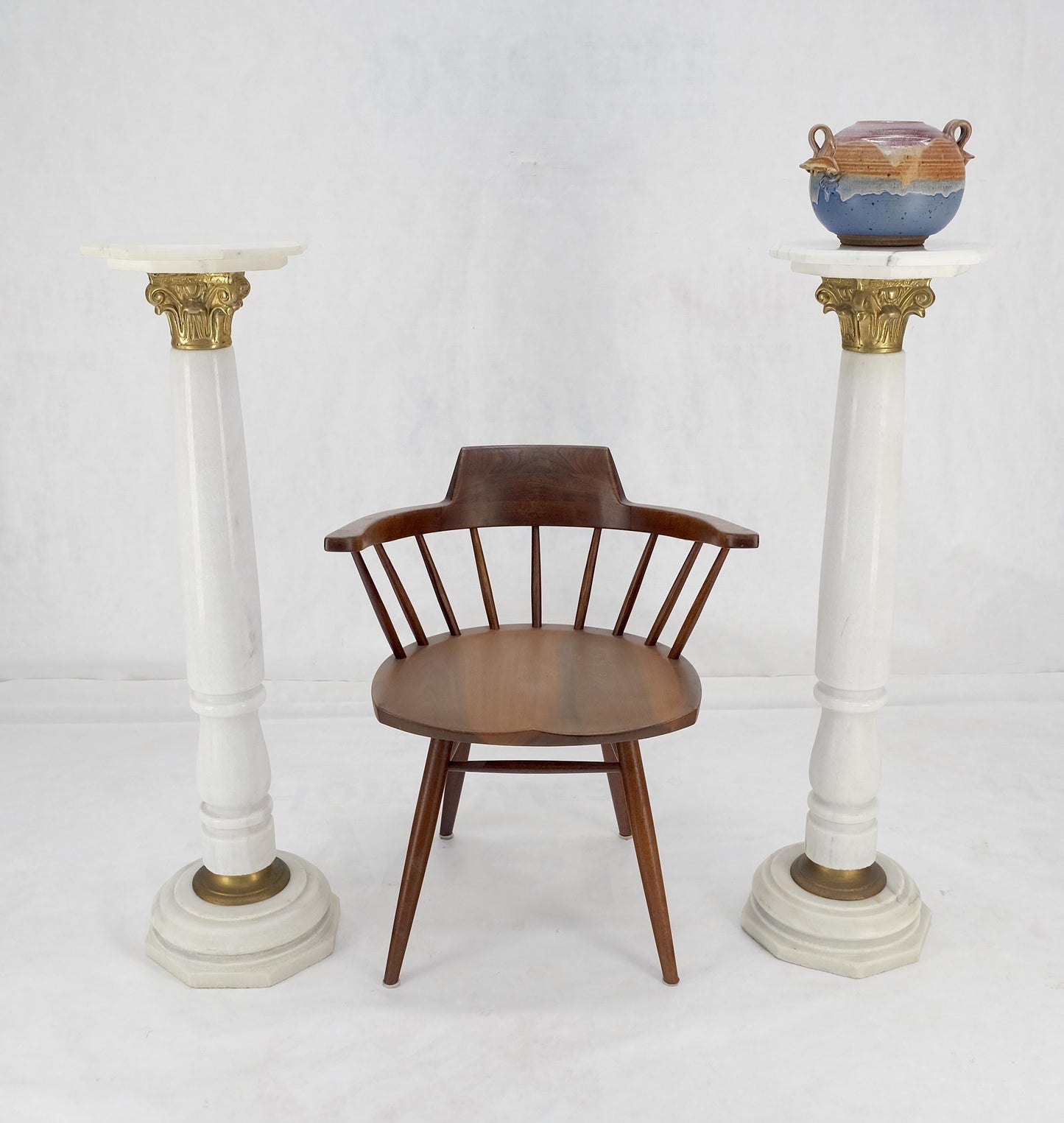 EstablishedLines Pair Brass & Turned White Marble Bases Octagonal Tops Columns Pedestals MINT!