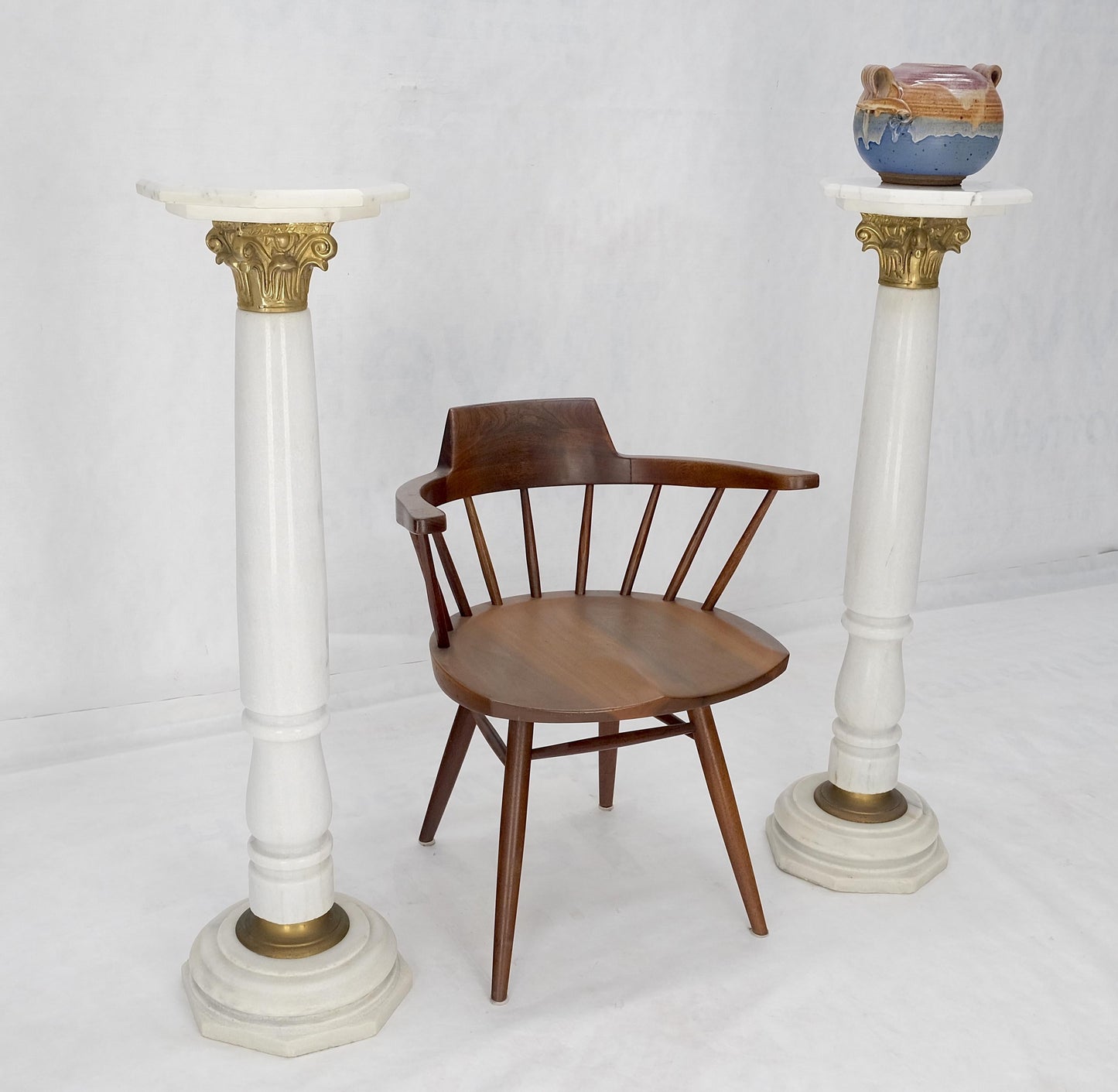 EstablishedLines Pair Brass & Turned White Marble Bases Octagonal Tops Columns Pedestals MINT!
