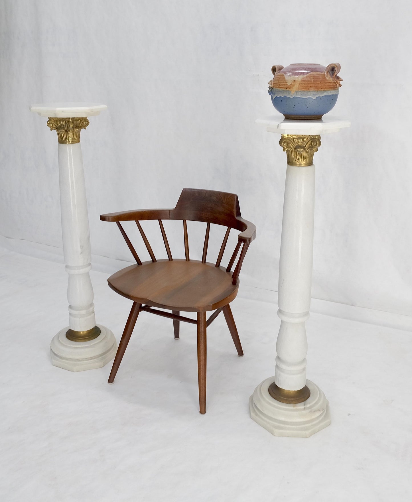 EstablishedLines Pair Brass & Turned White Marble Bases Octagonal Tops Columns Pedestals MINT!