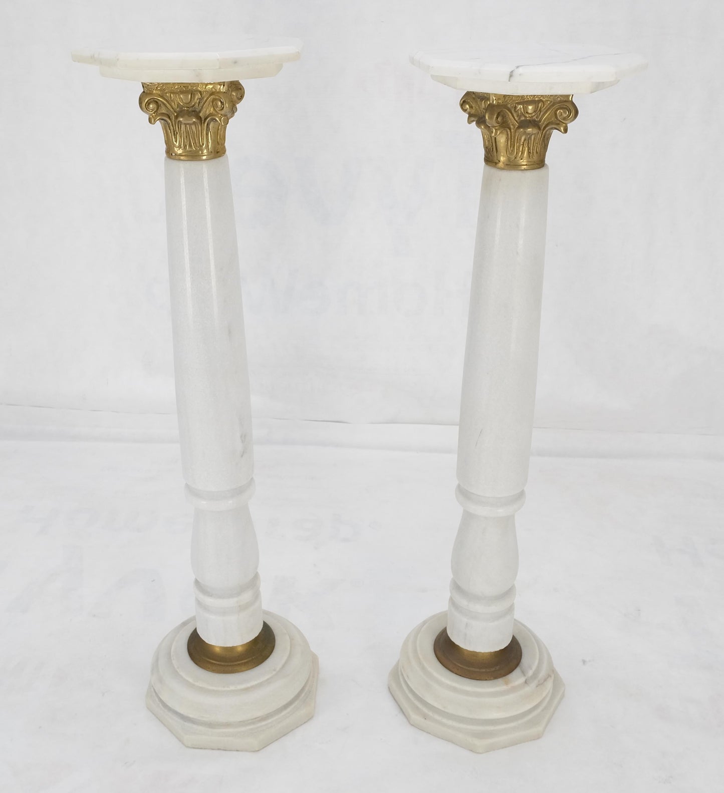 EstablishedLines Pair Brass & Turned White Marble Bases Octagonal Tops Columns Pedestals MINT!