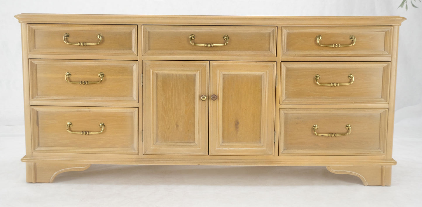 EstablishedLines Pickled White Oak & Yew Wood Heavy Long Brass Drop Pulls Long Dresser Credenza