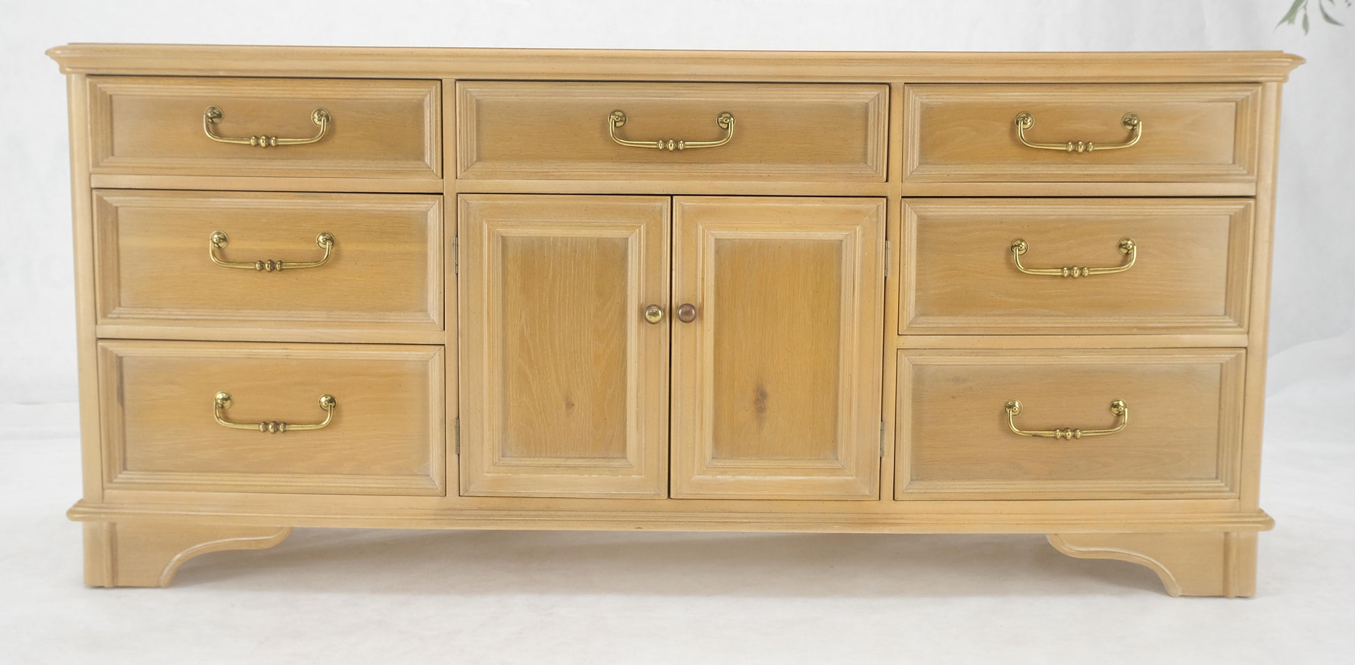 EstablishedLines Pickled White Oak & Yew Wood Heavy Long Brass Drop Pulls Long Dresser Credenza