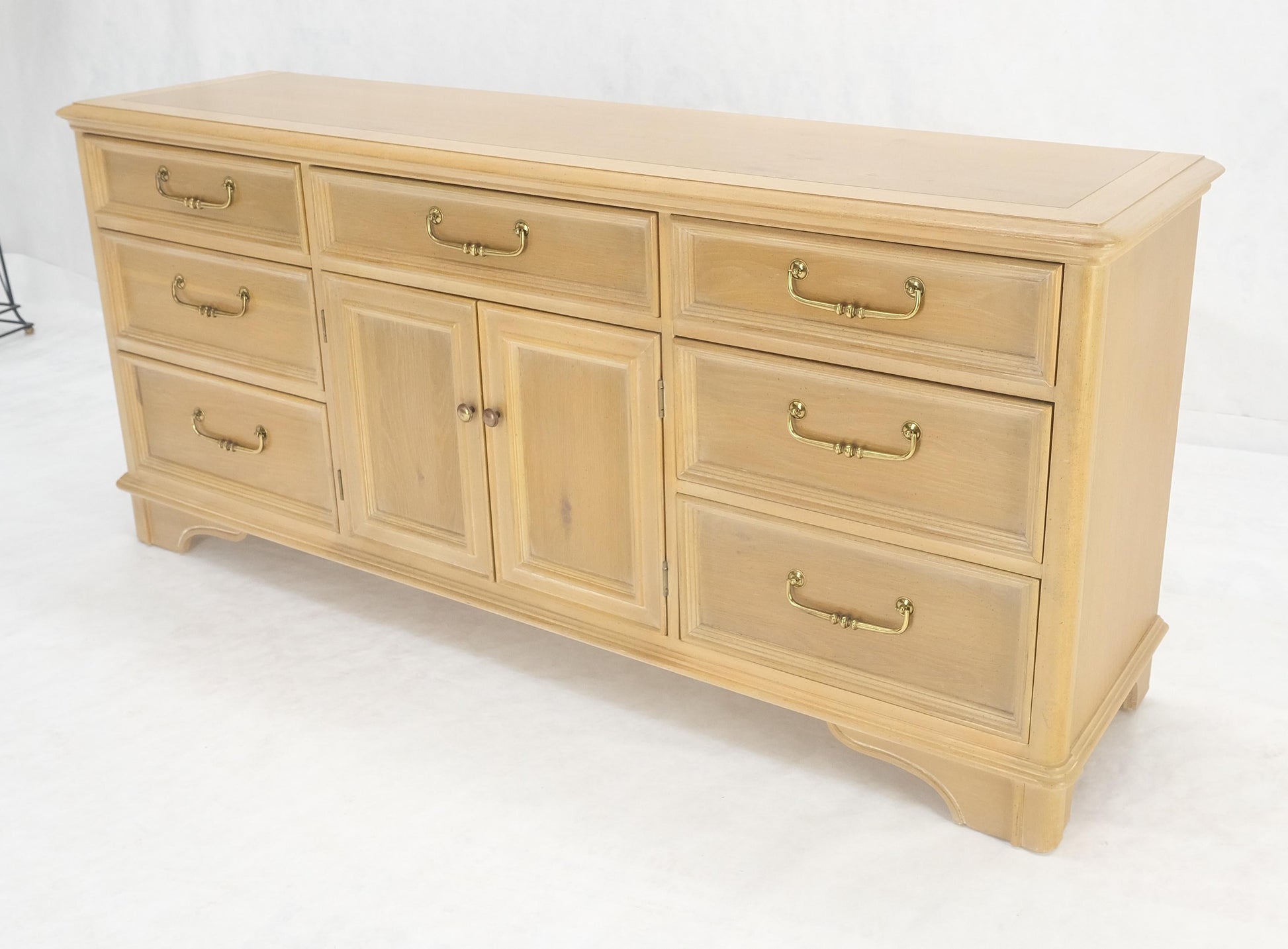 EstablishedLines Pickled White Oak & Yew Wood Heavy Long Brass Drop Pulls Long Dresser Credenza