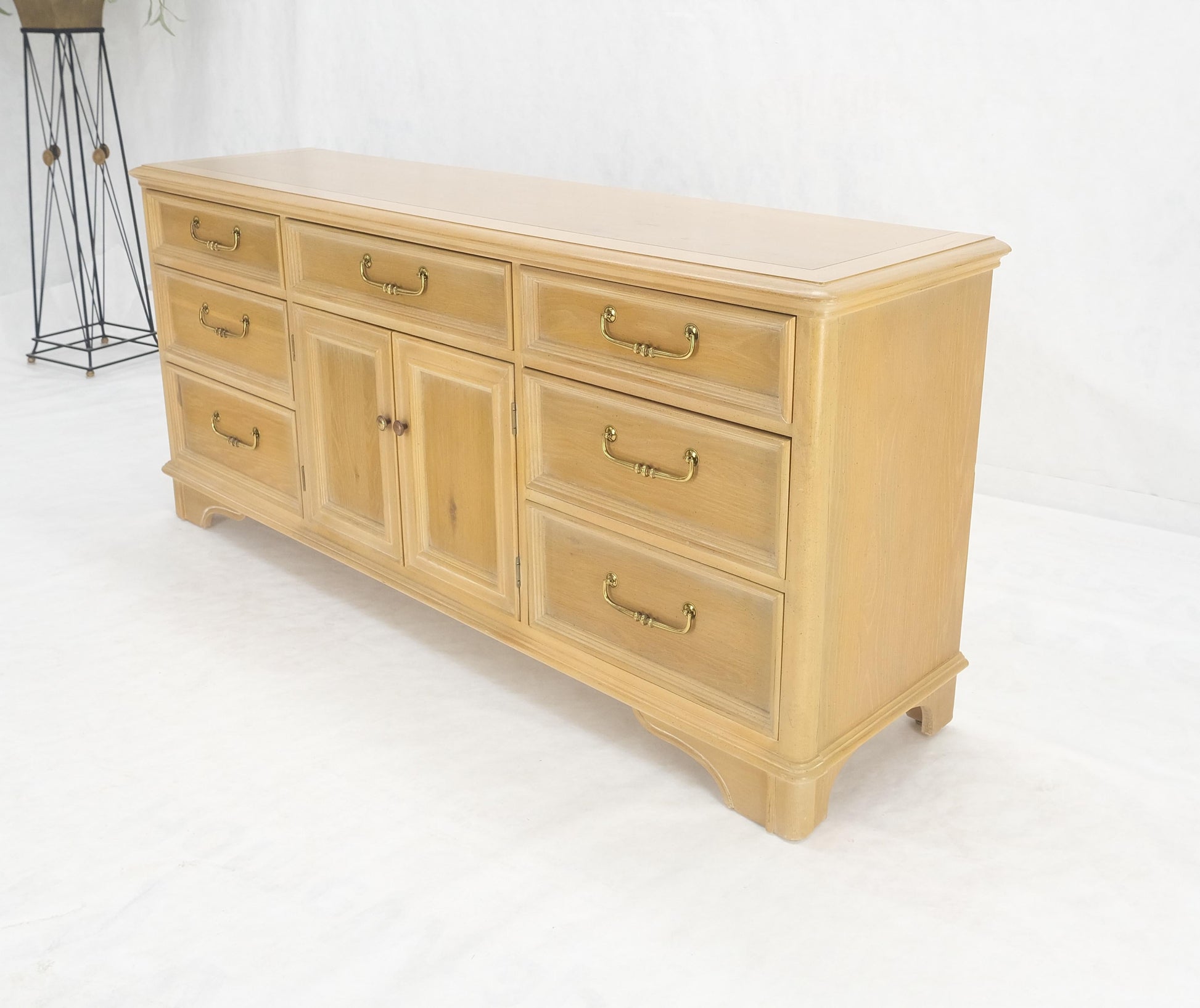 EstablishedLines Pickled White Oak & Yew Wood Heavy Long Brass Drop Pulls Long Dresser Credenza