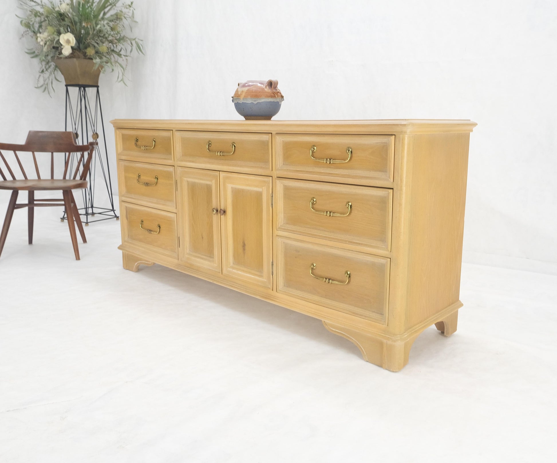 EstablishedLines Pickled White Oak & Yew Wood Heavy Long Brass Drop Pulls Long Dresser Credenza