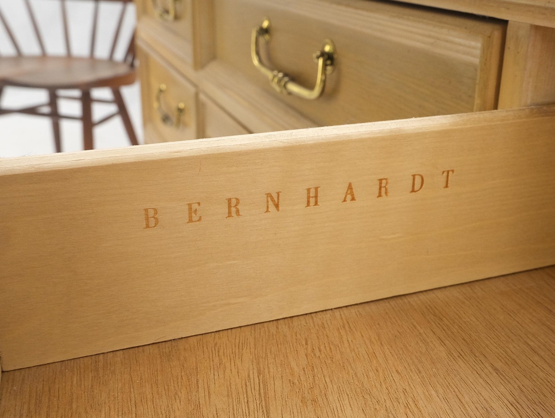 EstablishedLines Pickled White Oak & Yew Wood Heavy Long Brass Drop Pulls Long Dresser Credenza