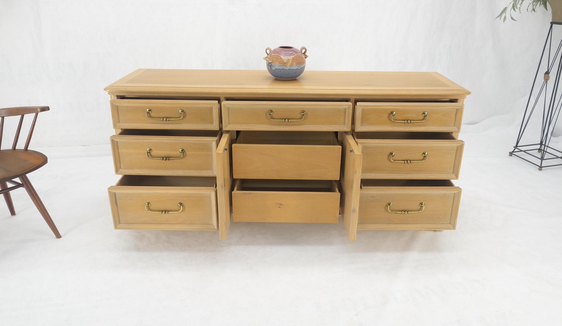 EstablishedLines Pickled White Oak & Yew Wood Heavy Long Brass Drop Pulls Long Dresser Credenza