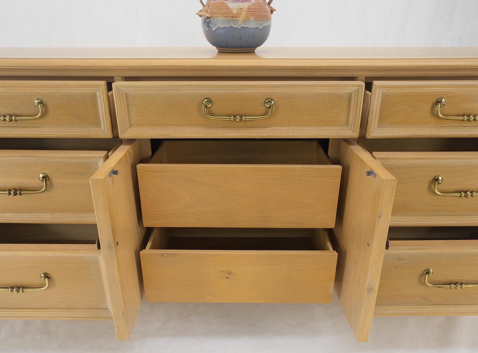 EstablishedLines Pickled White Oak & Yew Wood Heavy Long Brass Drop Pulls Long Dresser Credenza