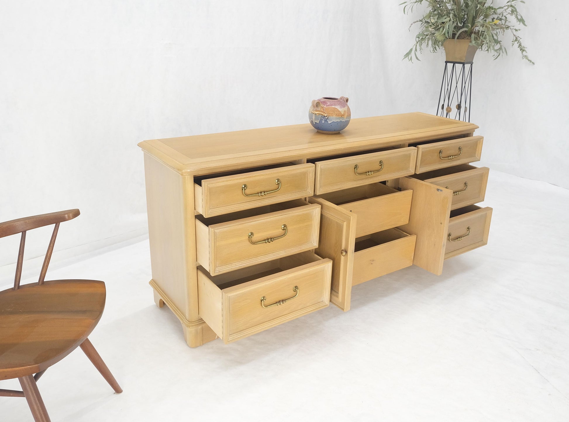 EstablishedLines Pickled White Oak & Yew Wood Heavy Long Brass Drop Pulls Long Dresser Credenza