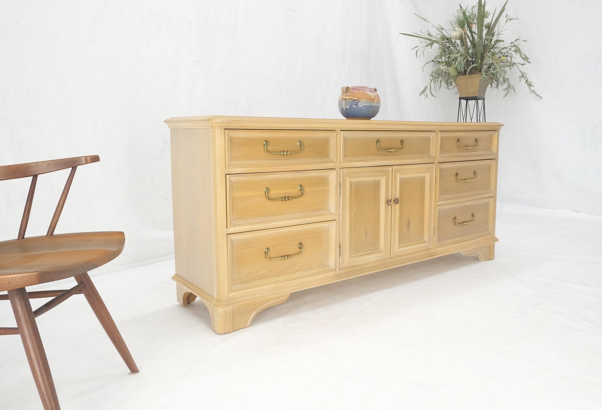 EstablishedLines Pickled White Oak & Yew Wood Heavy Long Brass Drop Pulls Long Dresser Credenza