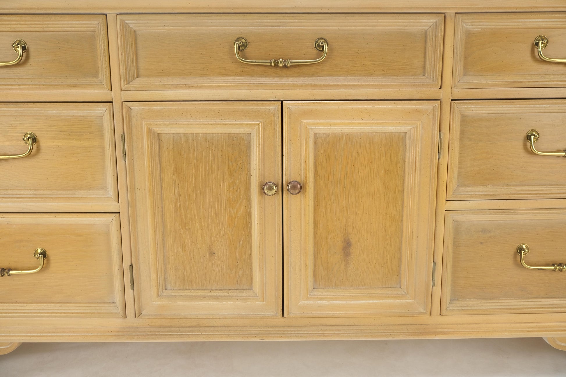 EstablishedLines Pickled White Oak & Yew Wood Heavy Long Brass Drop Pulls Long Dresser Credenza