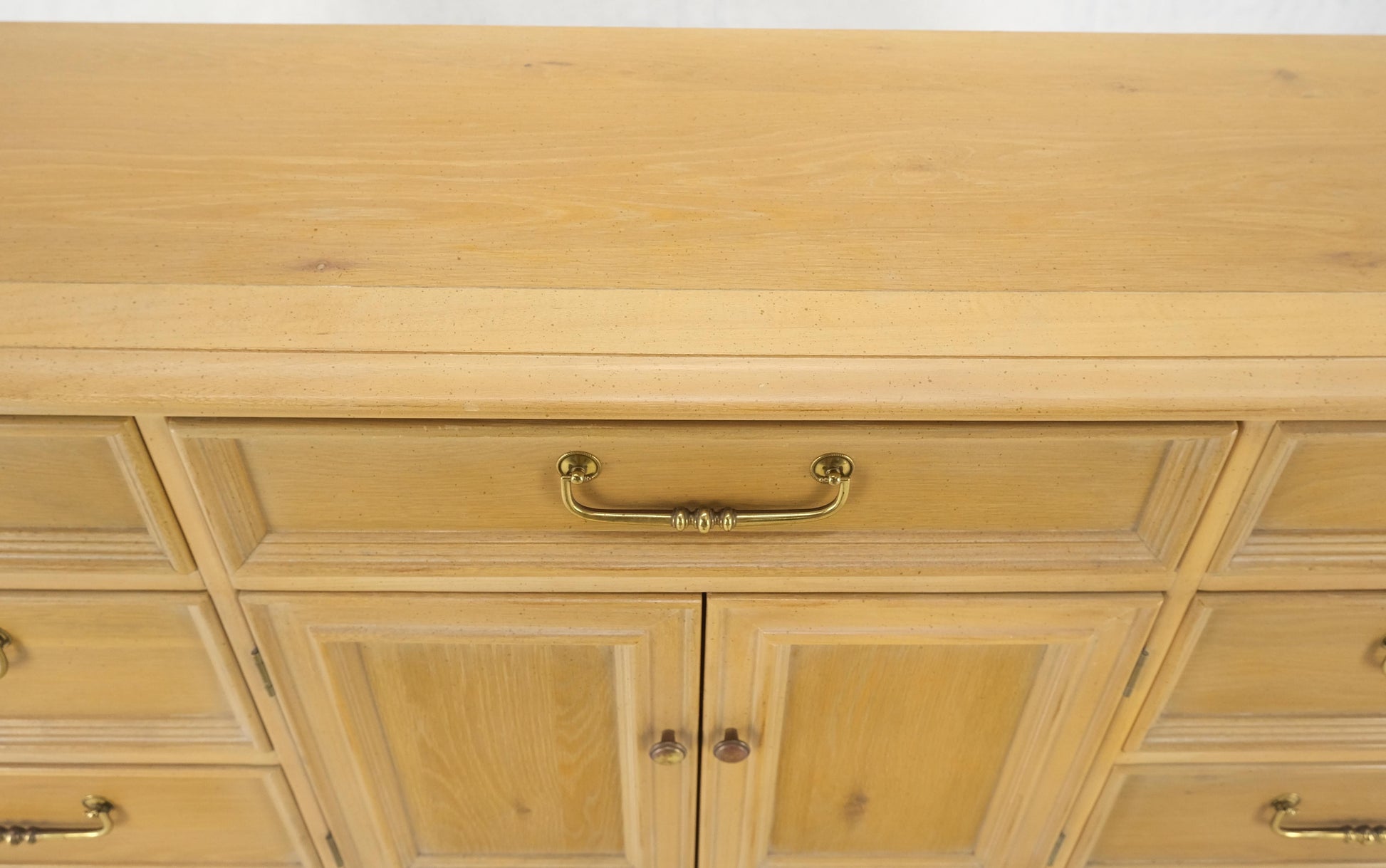 EstablishedLines Pickled White Oak & Yew Wood Heavy Long Brass Drop Pulls Long Dresser Credenza