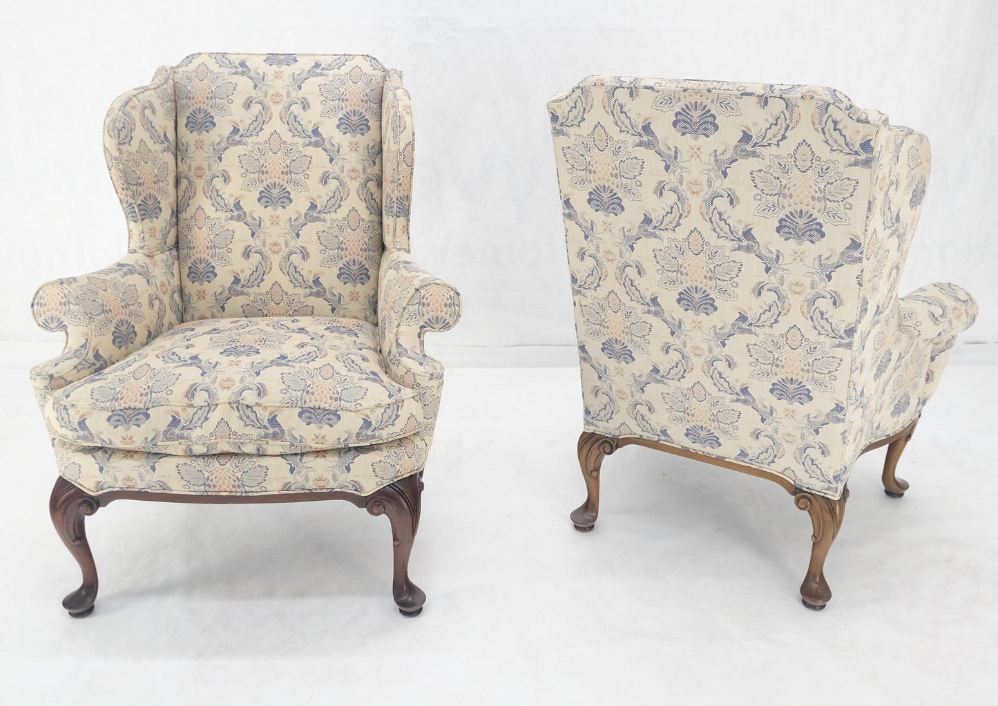 EstablishedLines Pair of Queen Ann Carved Walnut Bases Blue & White Upholstery Arm Chairs MINT!