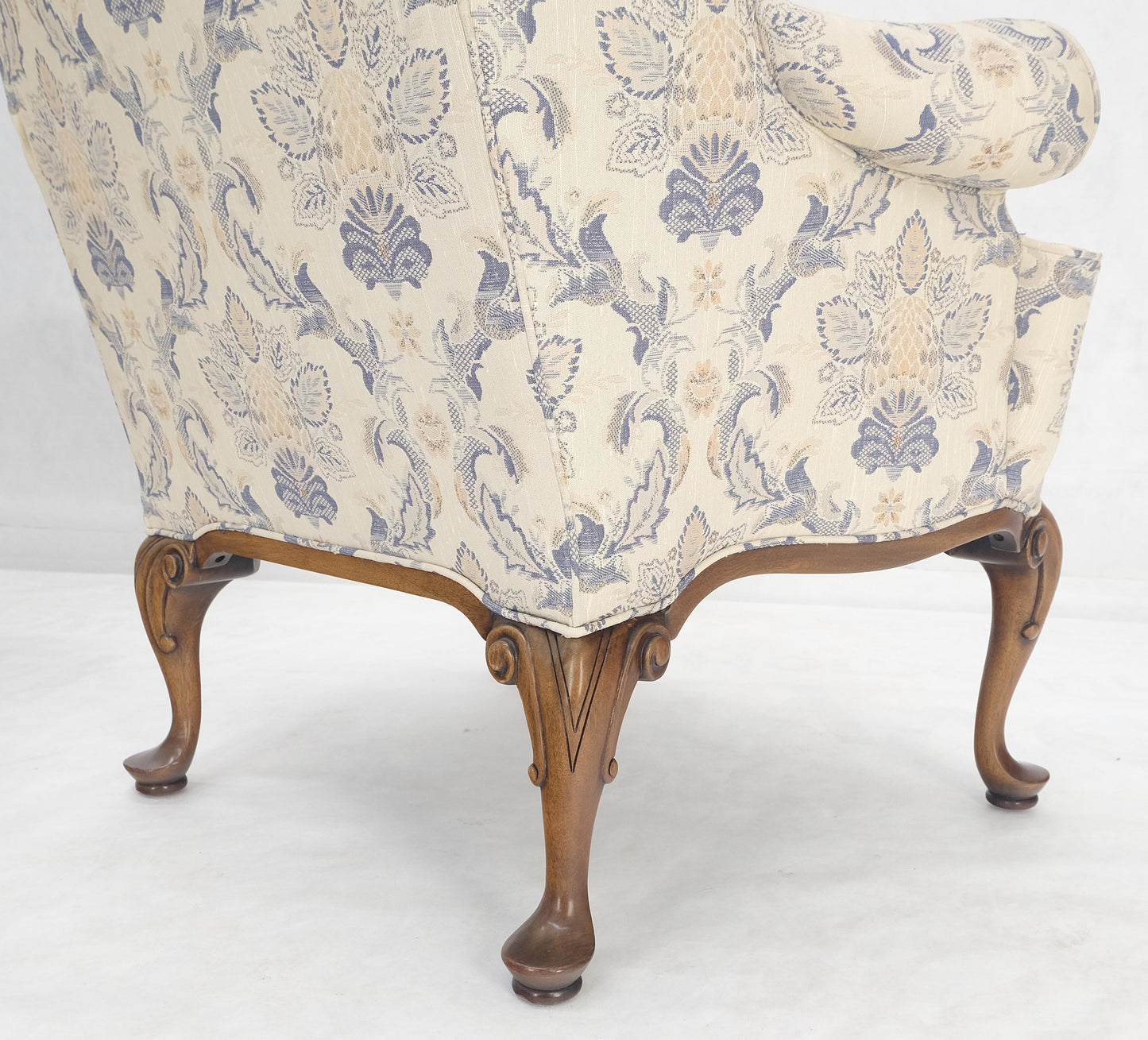 EstablishedLines Pair of Queen Ann Carved Walnut Bases Blue & White Upholstery Arm Chairs MINT!