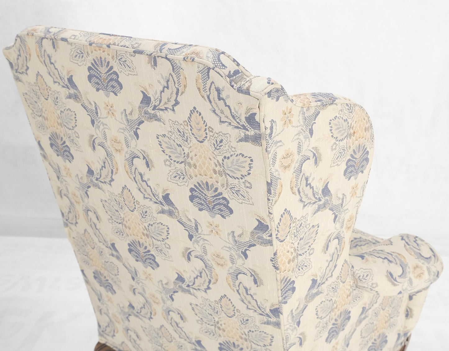 EstablishedLines Pair of Queen Ann Carved Walnut Bases Blue & White Upholstery Arm Chairs MINT!