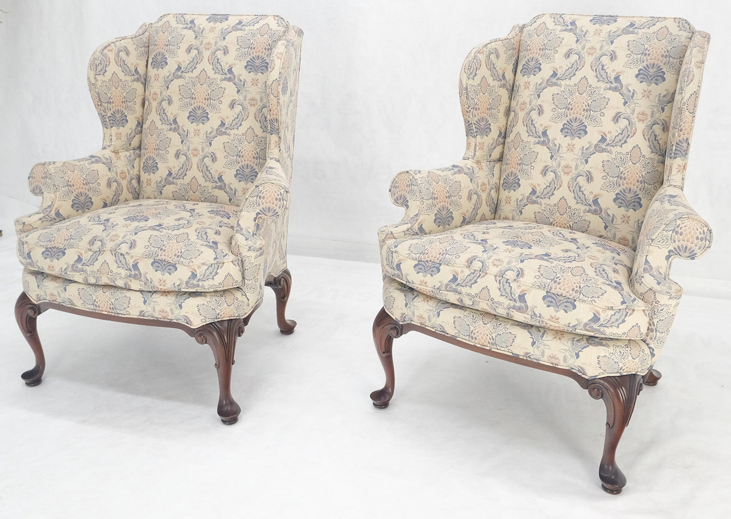 EstablishedLines Pair of Queen Ann Carved Walnut Bases Blue & White Upholstery Arm Chairs MINT!