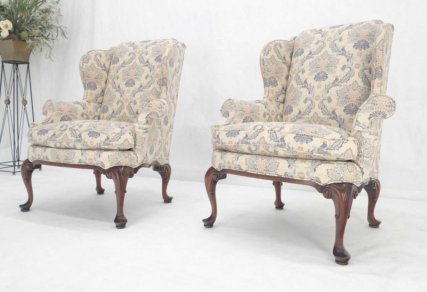 EstablishedLines Pair of Queen Ann Carved Walnut Bases Blue & White Upholstery Arm Chairs MINT!