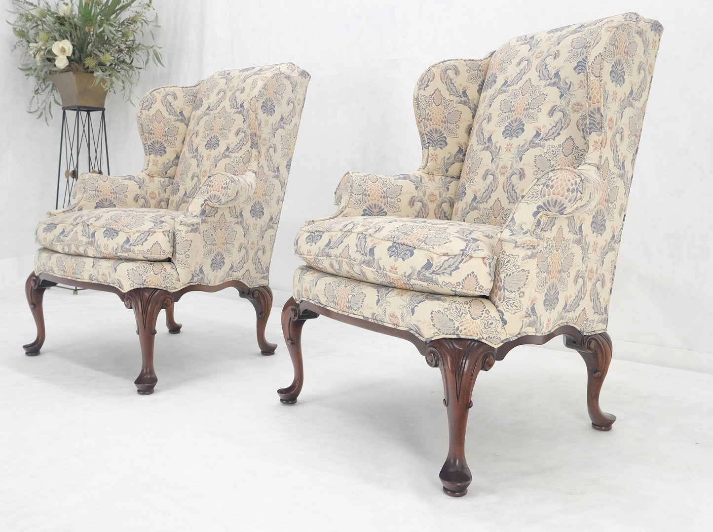 EstablishedLines Pair of Queen Ann Carved Walnut Bases Blue & White Upholstery Arm Chairs MINT!