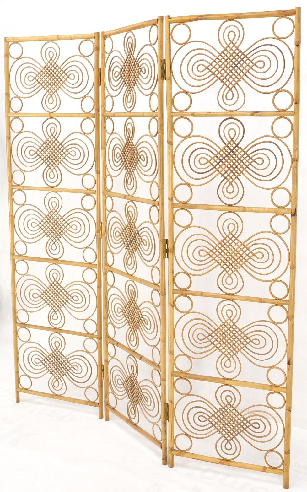 EstablishedLines Mid Century Stunning Pattern Three Panel Bamboo Rattan Room Divider Screen Mint