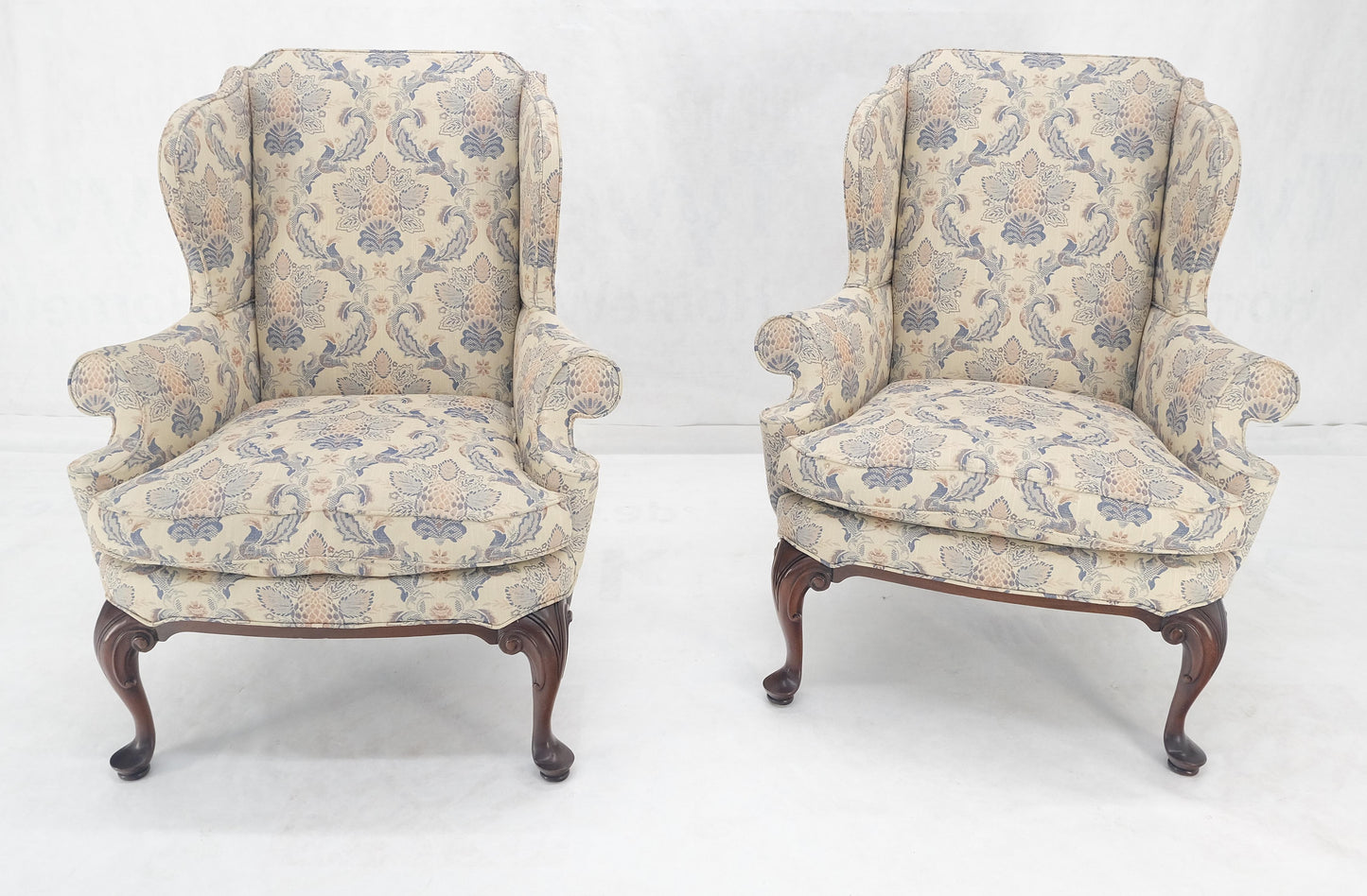 EstablishedLines Pair of Queen Ann Carved Walnut Bases Blue & White Upholstery Arm Chairs MINT!