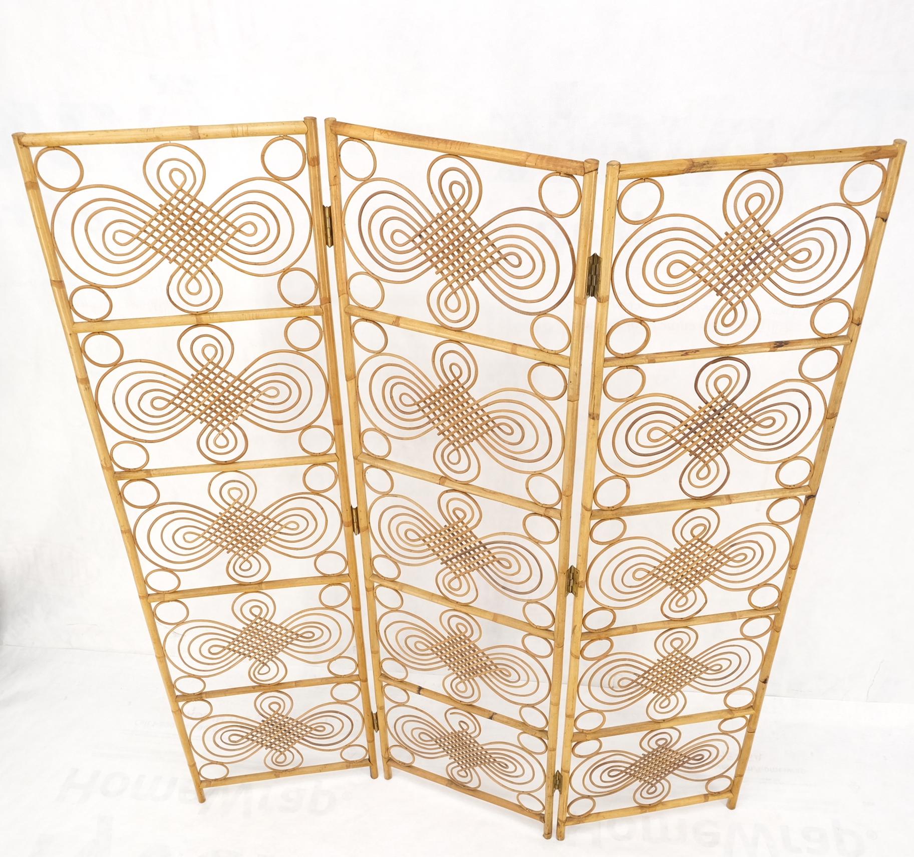 EstablishedLines Mid Century Stunning Pattern Three Panel Bamboo Rattan Room Divider Screen Mint