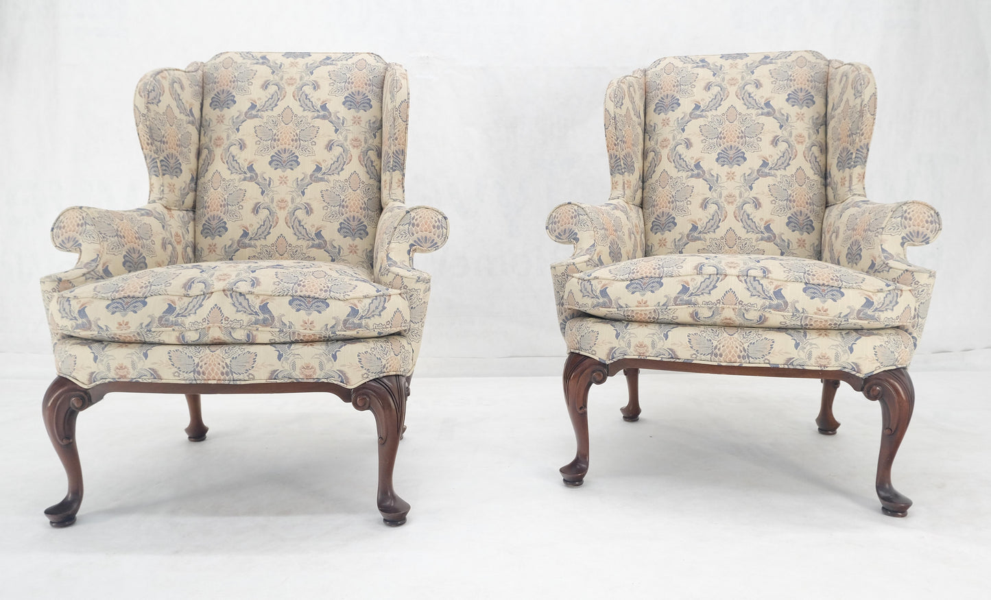EstablishedLines Pair of Queen Ann Carved Walnut Bases Blue & White Upholstery Arm Chairs MINT!