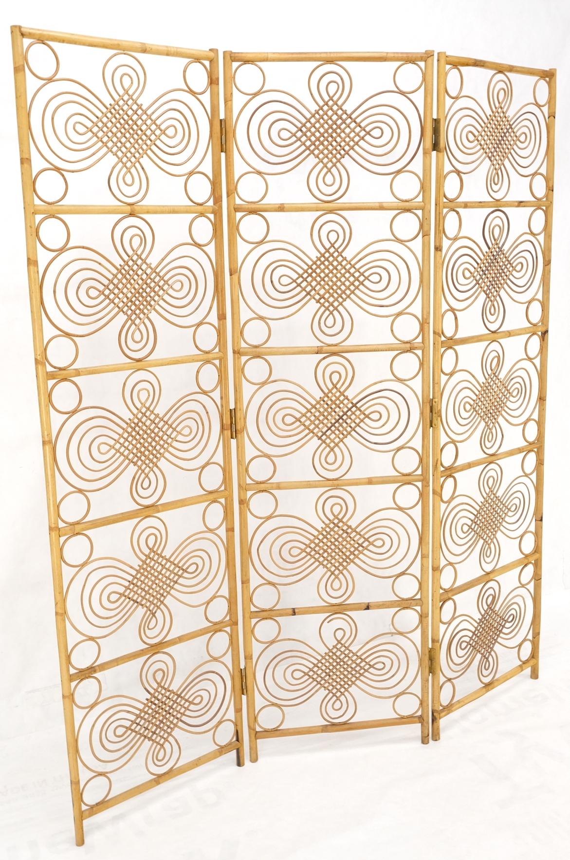 EstablishedLines Mid Century Stunning Pattern Three Panel Bamboo Rattan Room Divider Screen Mint